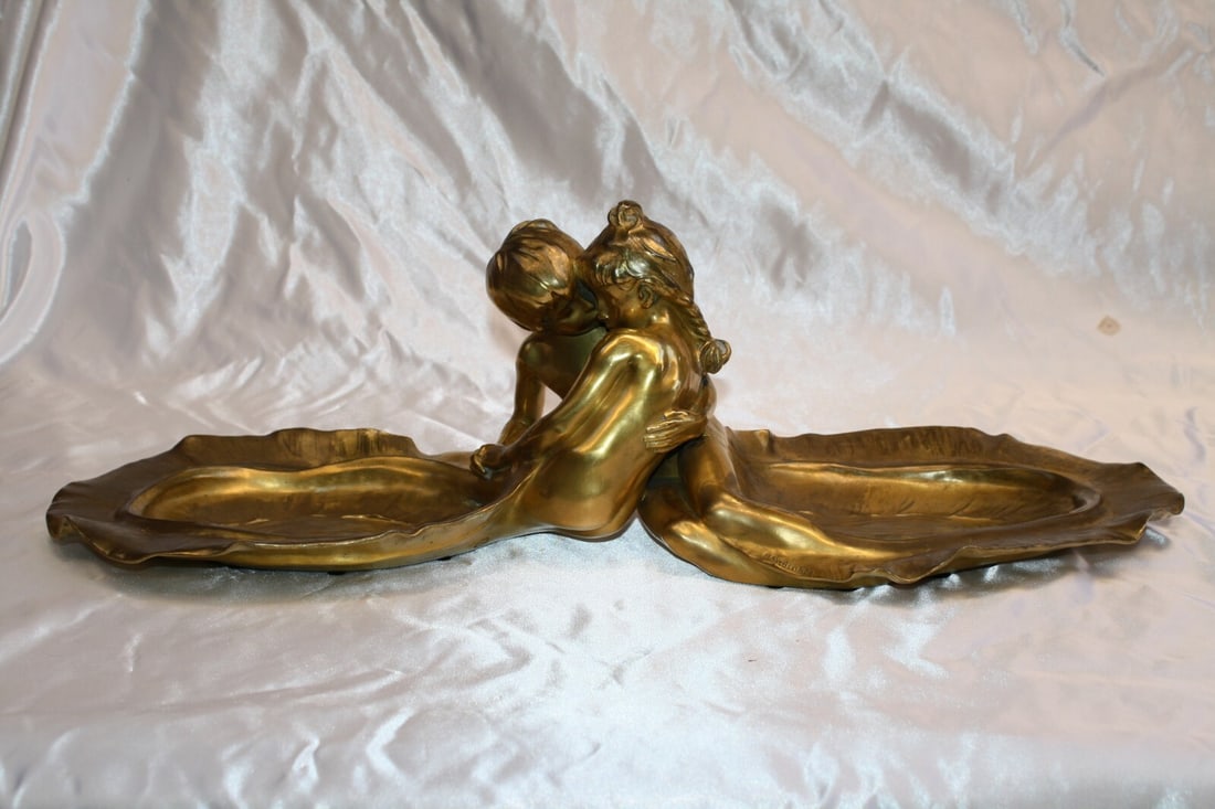 19th Century French Gold Plated Bronze Centerpiece by Max Blondat: 19th Century French Gold Plated Bronze Centerpiece by Max Blondat Experience the elegance of a 19th-century French gold-plated bronze centerpiece by the renowned artist Max Blondat (1872-1926). This m