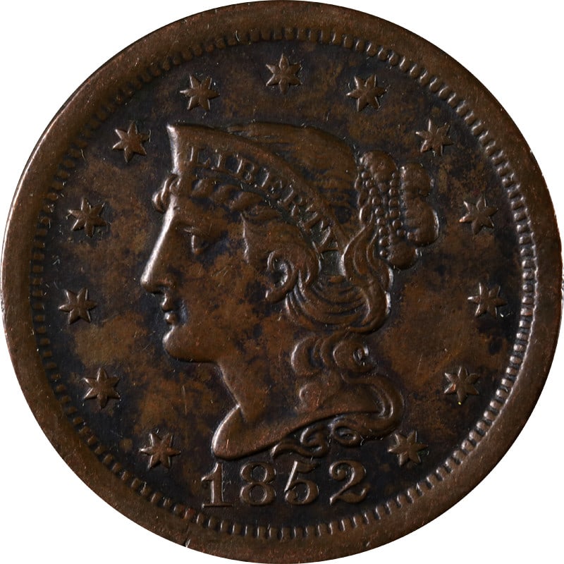 1852 United States Large Cent Copper Coin Circulated Issue: 1852 United States Large Cent Copper Coin Circulated Issue This 1852 Large Cent is a circulated coin from the United States, composed of copper. It is uncertified and in pre-owned condition, making it
