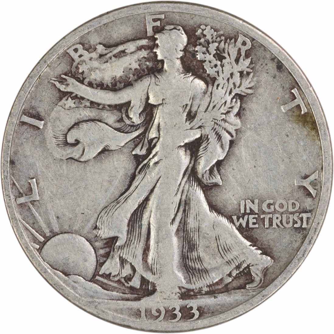 1933 San Francisco Walking Liberty 50C Silver Half Dollar VF Uncertified: 1933 San Francisco Walking Liberty 50C Silver Half Dollar VF Uncertified This 1933-S Walking Liberty Half Dollar is a circulated coin from the San Francisco Mint. Designed by Adolph Alexander Weinman,