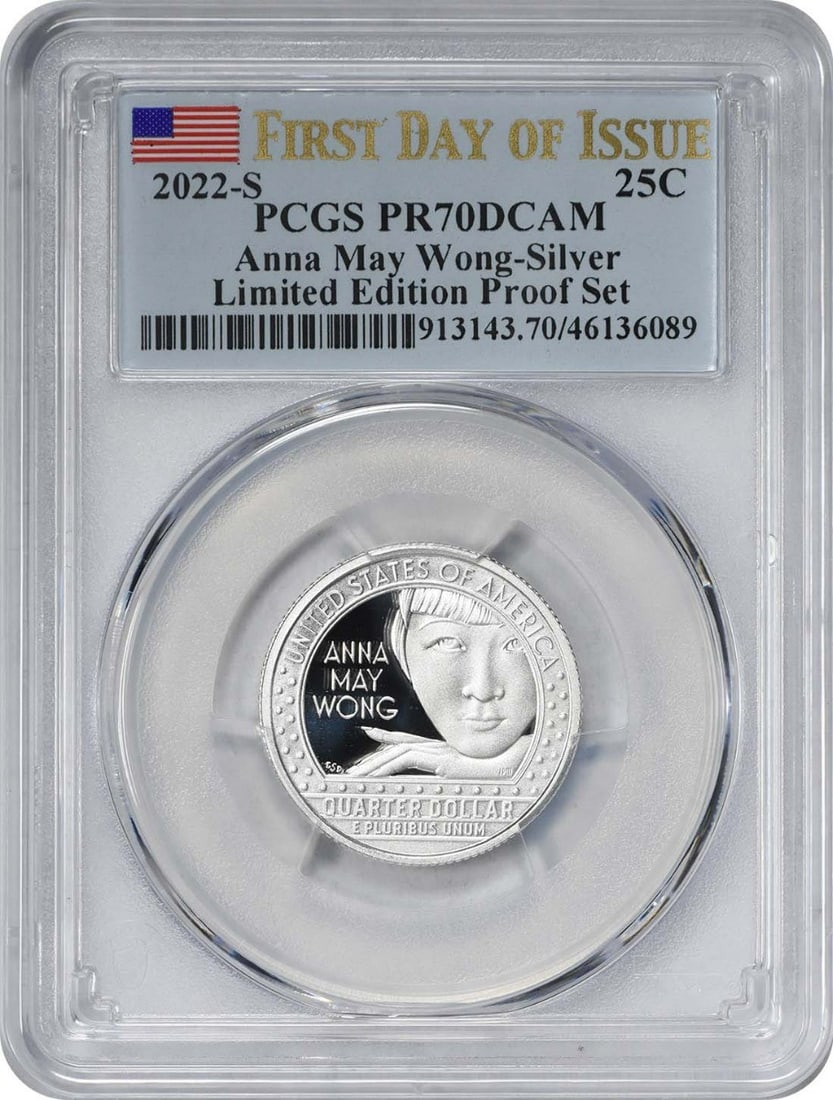 PCGS PR70DCAM 2022-S Anna May Wong Silver Quarter FDOI (1 of 2)