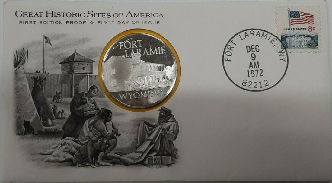 Franklin Mint Fort Laramie Sterling Silver Medal First Day Cover: Franklin Mint Fort Laramie Sterling Silver Medal First Day Cover This limited edition 1972 Fort Laramie, Wyoming Great Historic Sites medal is crafted in proof sterling silver by Franklin Mint. The me