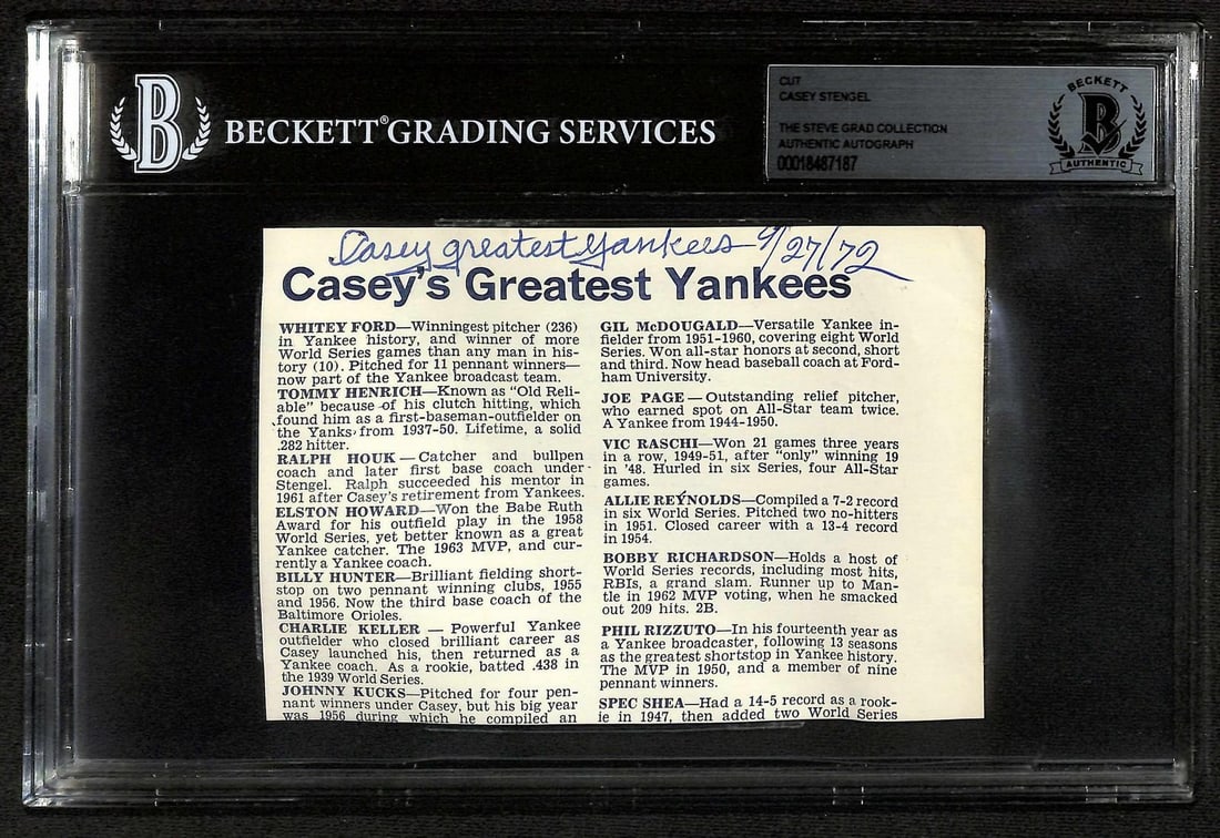 Beckett Encapsulated Casey Stengel Yankees Signed Inscribed Cut (1 of 1)