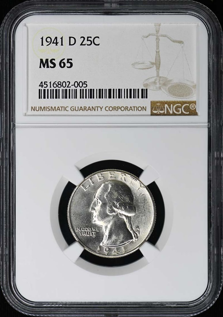 NGC MS65 1941-D Denver Washington Quarter 25C: NGC MS65 1941-D Denver Washington Quarter 25C This 1941-D Washington Quarter is graded MS65 by NGC, indicating a high-quality uncirculated coin. Minted in Denver, this collectible quarter is a desirab