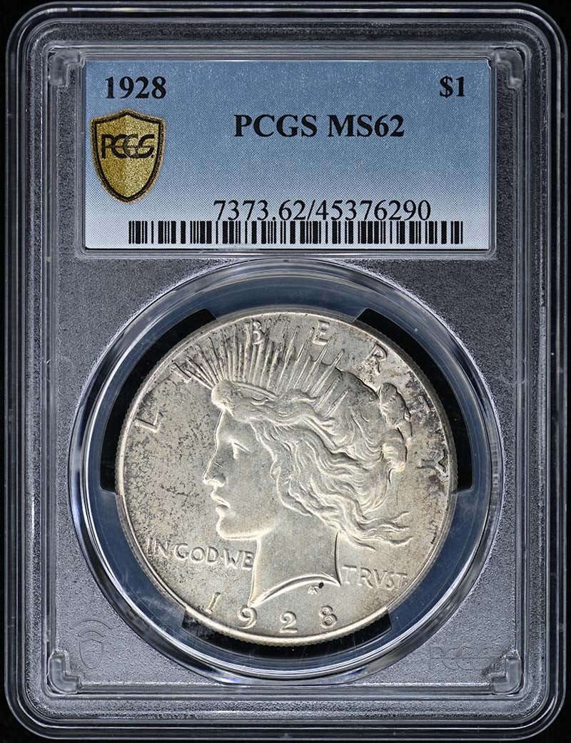 PCGS MS62 1928 Philadelphia Peace Dollar: PCGS MS62 1928 Philadelphia Peace Dollar This 1928 Peace Dollar is graded MS62 by PCGS, indicating a Mint State uncirculated condition. Struck in Philadelphia, this coin is a notable piece of United S