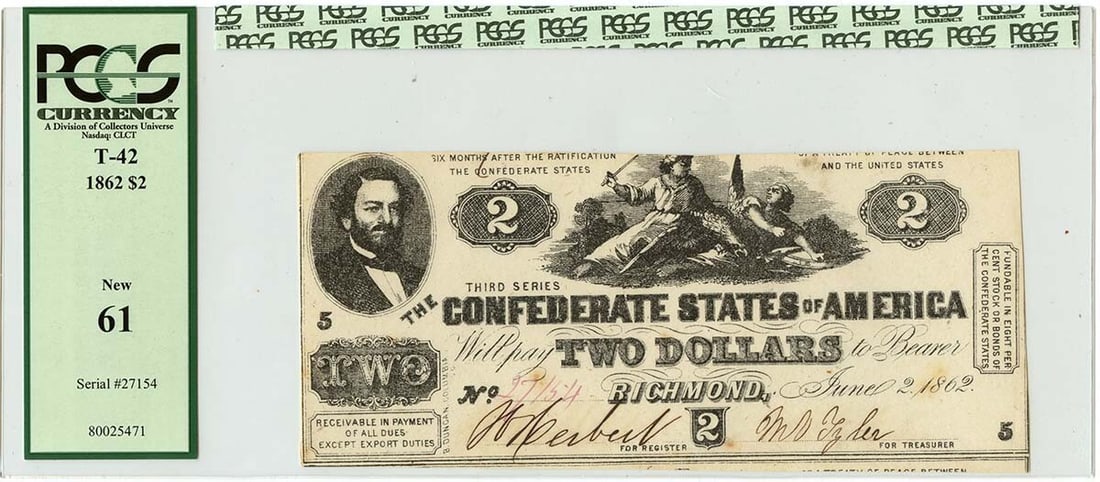 1862 $2 Confederate Currency MS61 PCGS Certified Note (1 of 2)