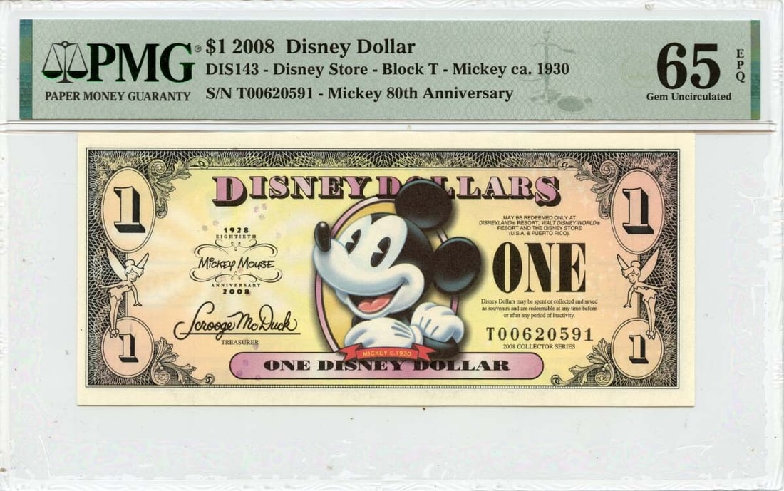 Mickey Mouse 80th Anniversary 2008 Disney Dollar PMG MS65 Uncirculated $1 (1 of 2)