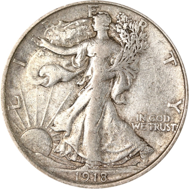 1918 Denver Mint Silver Walking Liberty Half Dollar Coin Circulated: 1918 Denver Mint Silver Walking Liberty Half Dollar Coin Circulated This is a 1918-D Walking Liberty Half Dollar from the Denver Mint. The coin is composed of silver and is in circulated, pre-owned co