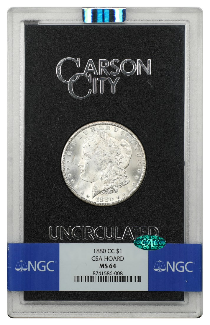 1880 Carson City Morgan Dollar NGC CAC MS64 GSA: 1880 Carson City Morgan Dollar NGC CAC MS64 GSA This 1880 Carson City Morgan Dollar is housed in its original GSA hard case and graded MS64 by NGC with CAC approval. This pre-owned coin is a notable e