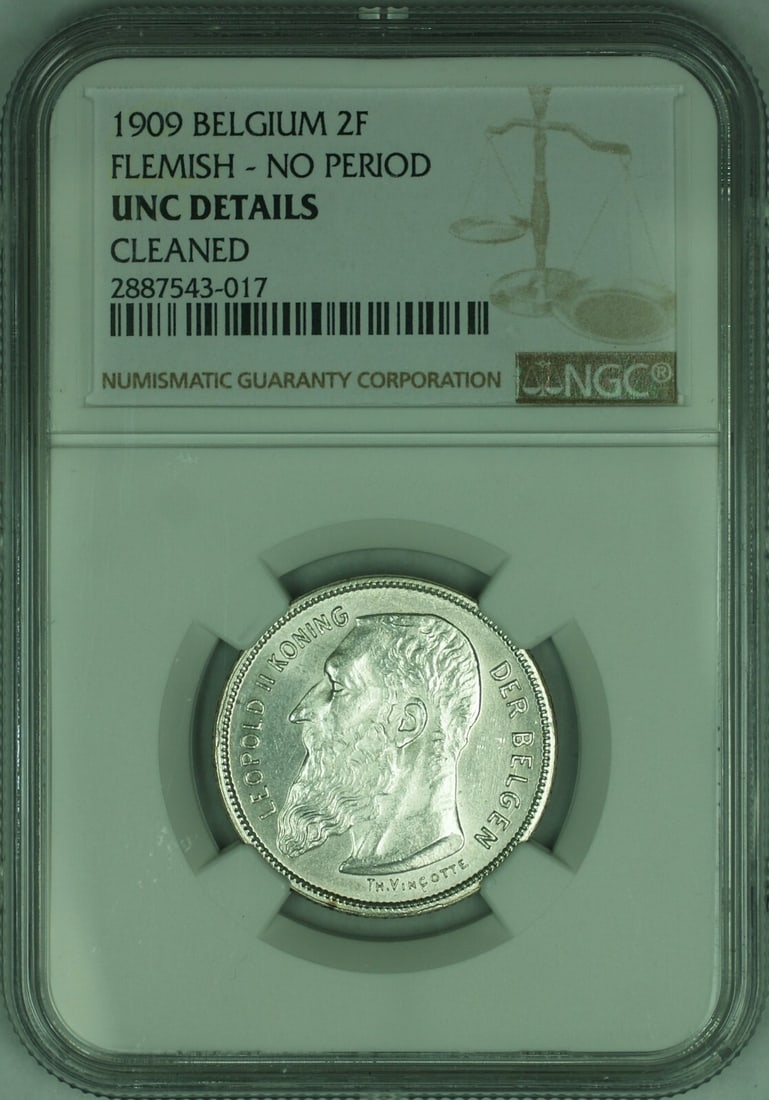 NGC UNC Details Belgium 1909 Silver 2 Franc Flemish No Period Coin (1 of 2)