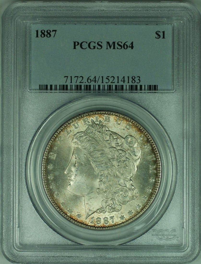 PCGS MS64 1887 Morgan Silver Dollar Philadelphia Mint: PCGS MS64 1887 Morgan Silver Dollar Philadelphia Mint This 1887 Morgan Silver Dollar features a lightly toned finish and has been graded MS64 by PCGS. Struck in Philadelphia, this uncirculated coin is