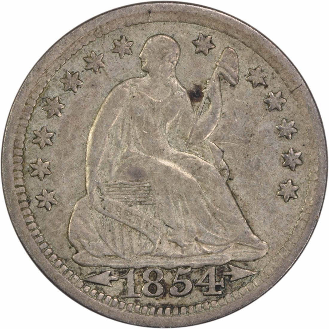 1854 Liberty Seated Half Dime 90% Silver EF Uncertified: 1854 Liberty Seated Half Dime 90% Silver EF Uncertified This 1854 Liberty Seated Silver Half Dime is a notable collectible from the United States, featuring a classic design by Christian Gobrecht. Thi