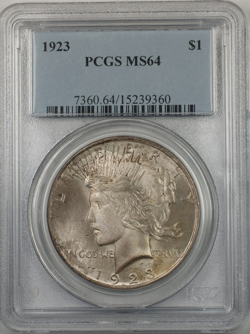 PCGS MS-64 1923 Peace Dollar Silver Coin with Toning: PCGS MS-64 1923 Peace Dollar Silver Coin with Toning This 1923 Silver Peace Dollar is graded MS-64 by PCGS and features a toned finish. Struck at the Philadelphia Mint, the coin is composed of silver 