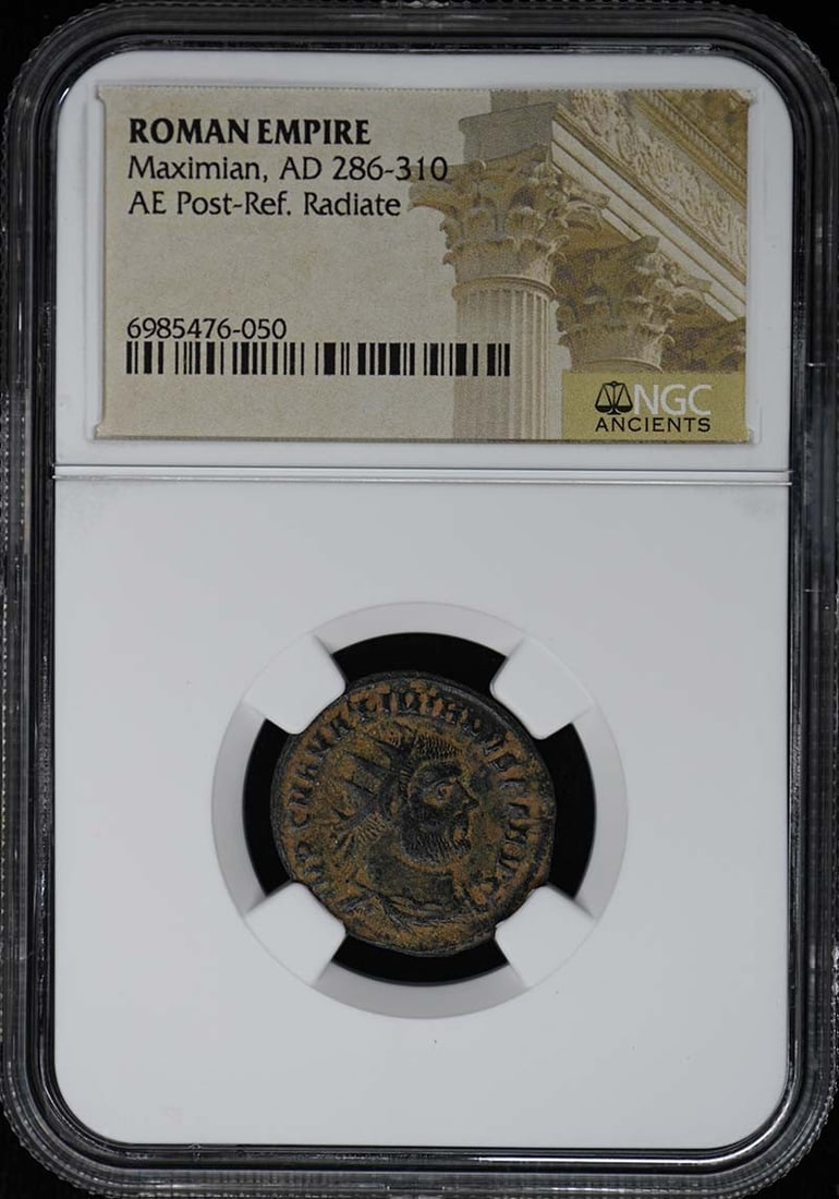 NGC Certified Roman Empire AE Radiate Maximian Post Reference: NGC Certified Roman Empire AE Radiate Maximian Post Reference This is a Roman Empire AE Post-Reform Radiate coin from the reign of Maximian, who ruled from AD 286 to 310. The coin has been certified b