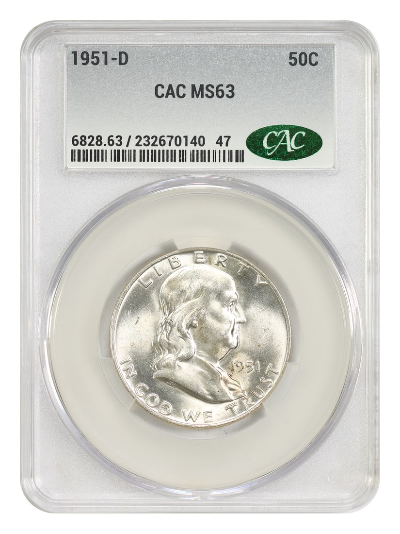 1951 Denver Franklin Half Dollar CACG Certified MS63: 1951 Denver Franklin Half Dollar CACG Certified MS63 This is a 1951-D Franklin Half Dollar graded MS63 by CACG. Minted in Denver, this uncirculated coin is part of the Franklin Half Dollar series and 