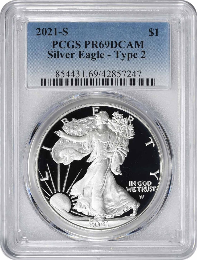 2021-S PCGS PR69DCAM Proof Silver Eagle Type 2 Dollar: 2021-S PCGS PR69DCAM Proof Silver Eagle Type 2 Dollar This 2021 American Silver Eagle Type 2 coin is a proof strike graded PR69DCAM by PCGS. Minted at the U.S. Mint in San Francisco, it contains 1 oz 