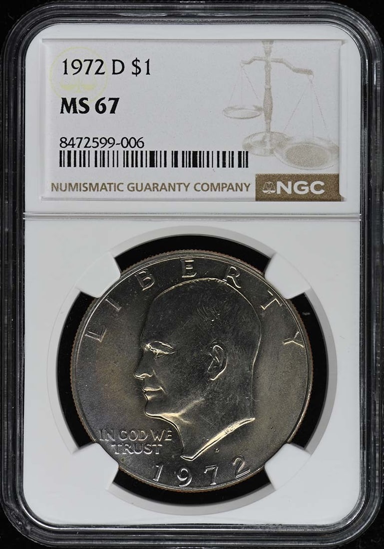 1972-D Eisenhower Dollar NGC MS67 Uncirculated Coin: 1972-D Eisenhower Dollar NGC MS67 Uncirculated Coin This 1972-D Eisenhower Dollar is graded as MS67 by NGC, ensuring its exceptional quality and preservation. It is an uncirculated coin from the Denve