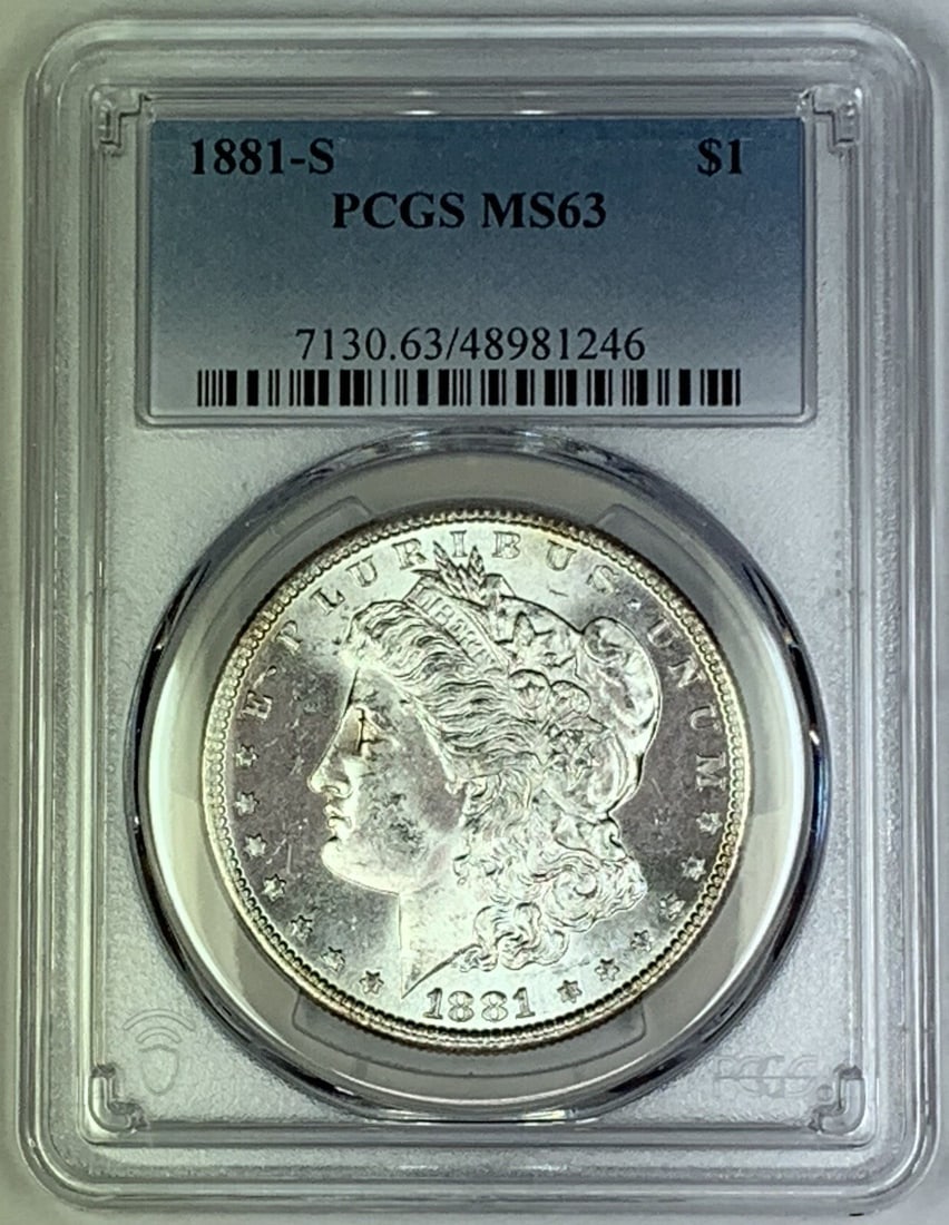 PCGS MS 63 1881-S Morgan Silver Dollar Coin Uncirculated $1: PCGS MS 63 1881-S Morgan Silver Dollar Coin Uncirculated $1 This 1881-S Morgan Silver Dollar is a collectible coin from the United States. Graded MS 63 by PCGS, it is uncirculated and features the cla