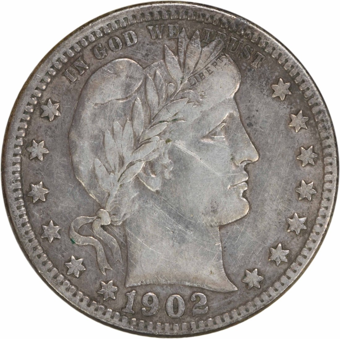 1902-O Barber Silver Quarter 25C VF Uncertified Coin: 1902-O Barber Silver Quarter 25C VF Uncertified Coin This 1902-O Barber Silver Quarter is a remarkable piece of numismatic history, showcasing the artistry of designer Charles E. Barber. Struck at the