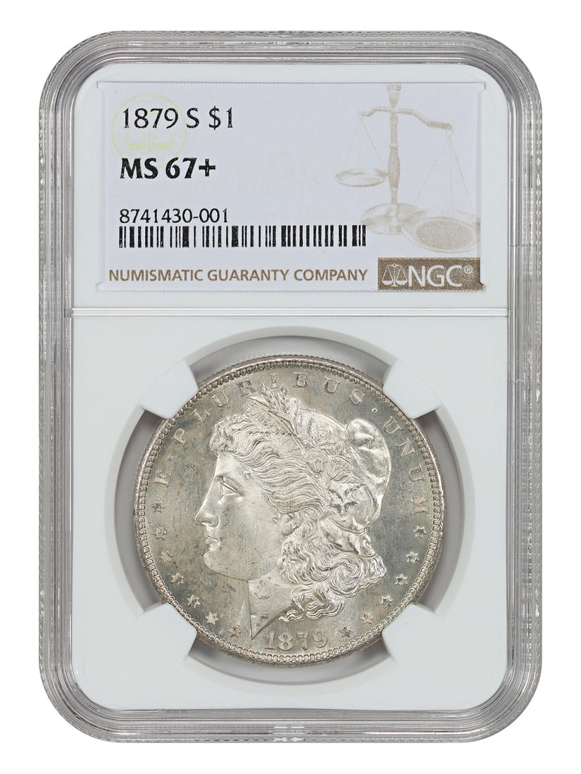 1879-S Morgan Dollar $1 NGC MS67+ Certified: 1879-S Morgan Dollar $1 NGC MS67+ Certified This 1879-S Morgan Dollar is a popular collector's coin, recognized for its consistently crisp strike. Graded MS67+ by NGC, this superb gem is a desirable e