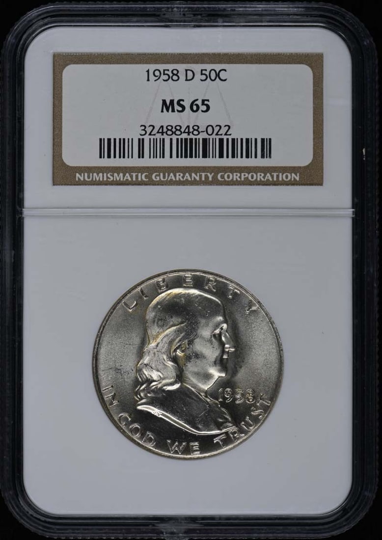 NGC MS65 1958-D Franklin Half Dollar 50C: NGC MS65 1958-D Franklin Half Dollar 50C This 1958-D Franklin Half Dollar is certified by NGC with a grade of MS65, indicating it is in uncirculated condition. Minted in Denver, this coin is a part of