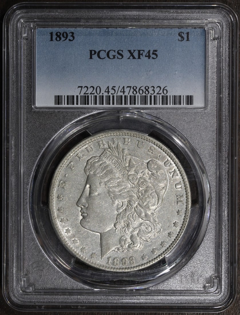 1893 Morgan Silver Dollar PCGS XF45 Key Date: 1893 Morgan Silver Dollar PCGS XF45 Key Date This 1893 Morgan Silver Dollar is a key date collectible coin graded XF45 by PCGS. Struck in Philadelphia, it is composed of silver and has a denomination 