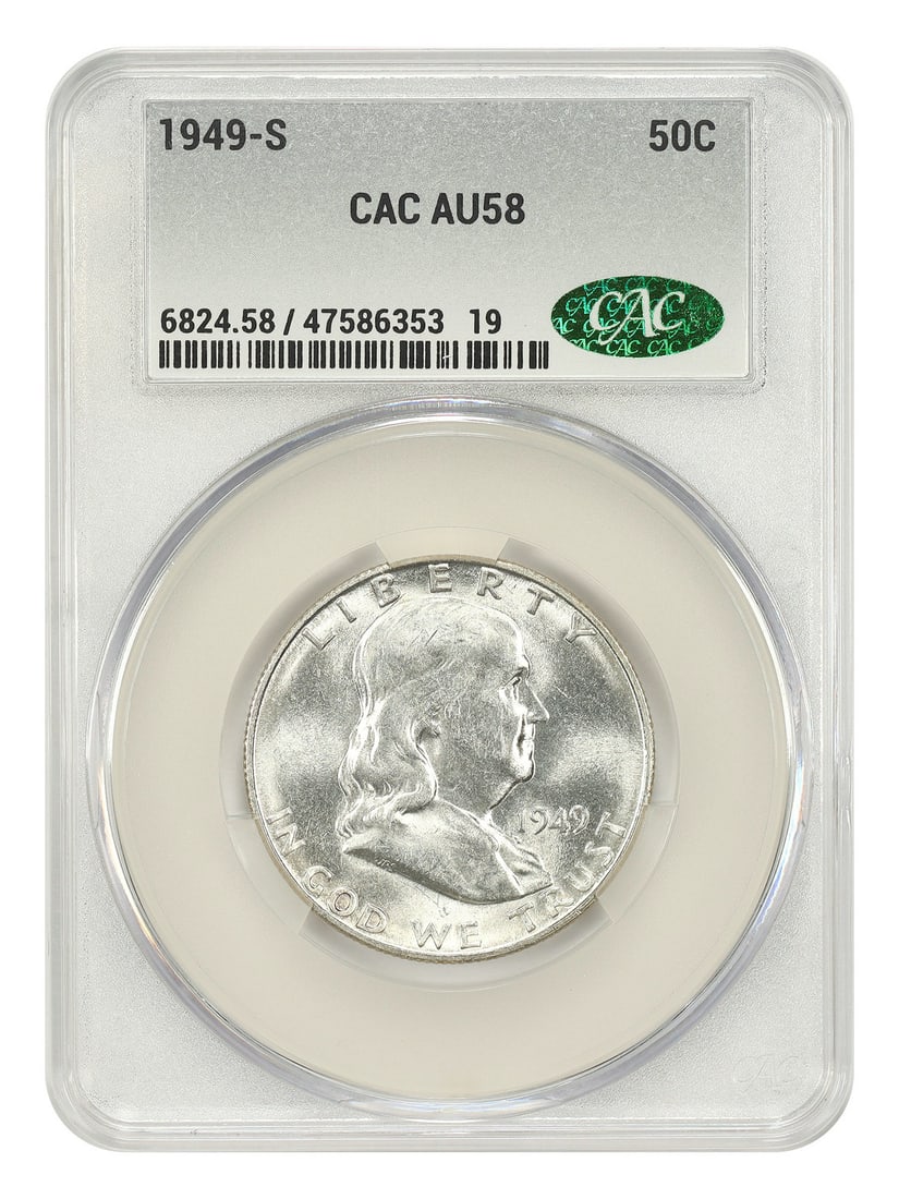 1949-S Franklin Half Dollar CACG AU58 Key Date: 1949-S Franklin Half Dollar CACG AU58 Key Date This 1949-S Franklin Half Dollar is a notable key date within the series. Graded AU58 by CACG, it is a circulated coin minted in San Francisco. The coin 
