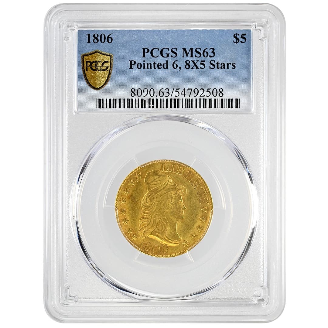 1806 $5 Draped Bust Gold Coin Pointed 6 8x5 Stars PCGS MS63 (1 of 4)