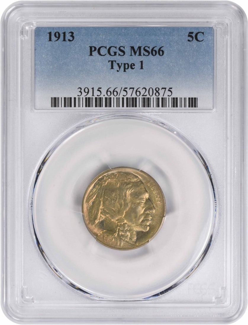 PCGS MS66 1913 Buffalo Type 1 Nickel: PCGS MS66 1913 Buffalo Type 1 Nickel This 1913 Buffalo Nickel Type 1 is graded MS66 by PCGS, indicating an uncirculated coin with exceptional quality. Struck in nickel, it features the classic Native 