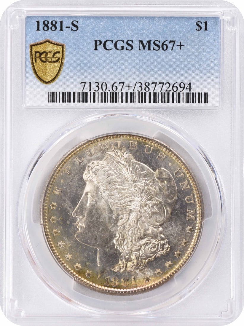 1881-S Morgan Silver Dollar MS67+ Graded PCGS Uncirculated: 1881-S Morgan Silver Dollar MS67+ Graded PCGS Uncirculated This 1881-S Morgan Silver Dollar is a stunning piece certified by PCGS with a remarkable grade of MS67+. This uncirculated coin features a co