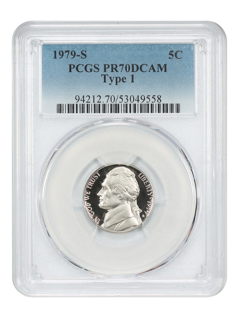 1979-S Jefferson Nickel PCGS PR70DCAM Type 1: 1979-S Jefferson Nickel PCGS PR70DCAM Type 1 This is a 1979-S Jefferson Nickel graded PR70 Deep Cameo (DCAM) by PCGS. The coin is uncirculated and features a proof strike, minted in San Francisco. It 