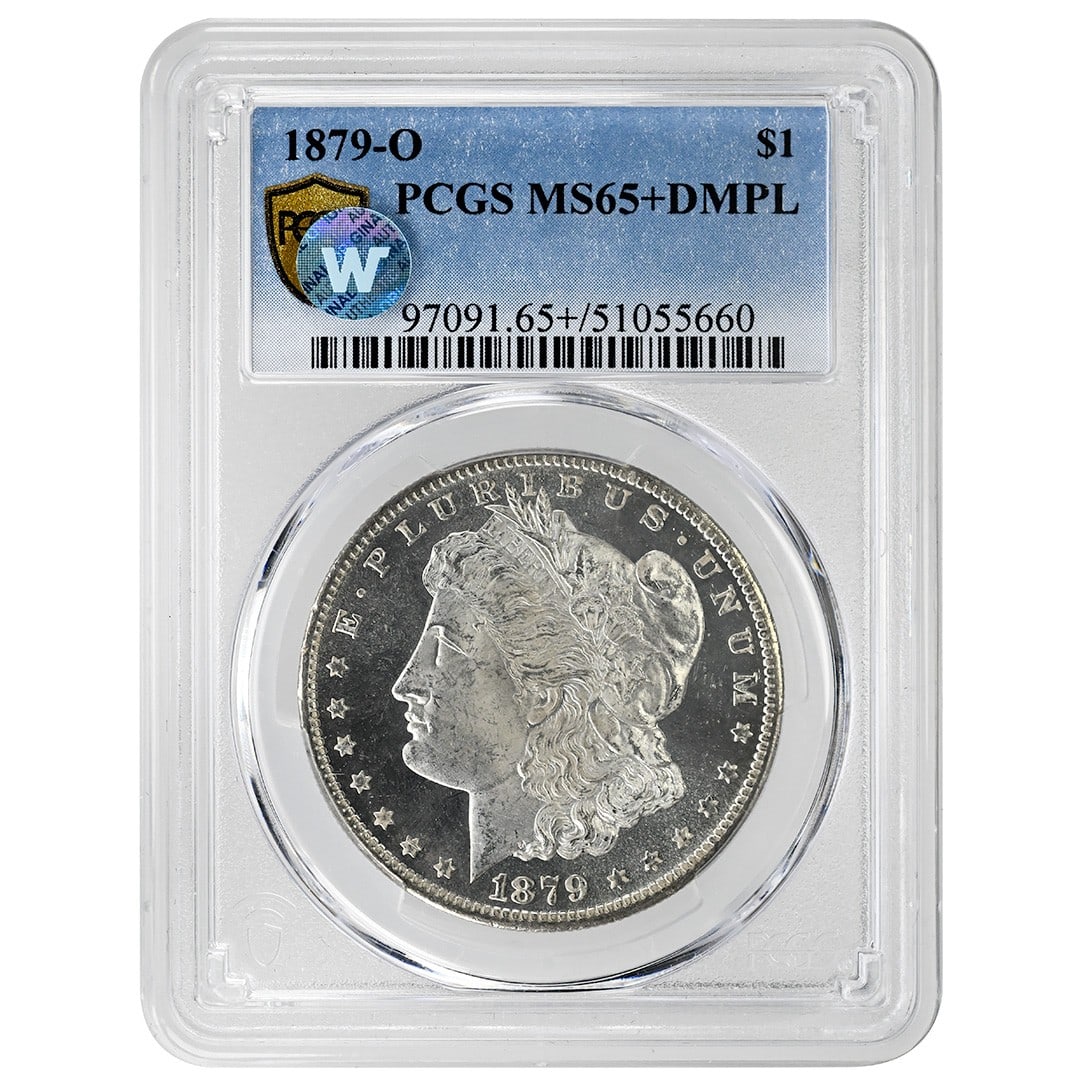 PCGS MS65+ DMPL 1879-O Morgan Silver Dollar: PCGS MS65+ DMPL 1879-O Morgan Silver Dollar This is an 1879-O Morgan Dollar, certified by PCGS as MS65+ Deep Mirror Proof-Like (DMPL). Struck at the New Orleans Mint, this uncirculated silver dollar f