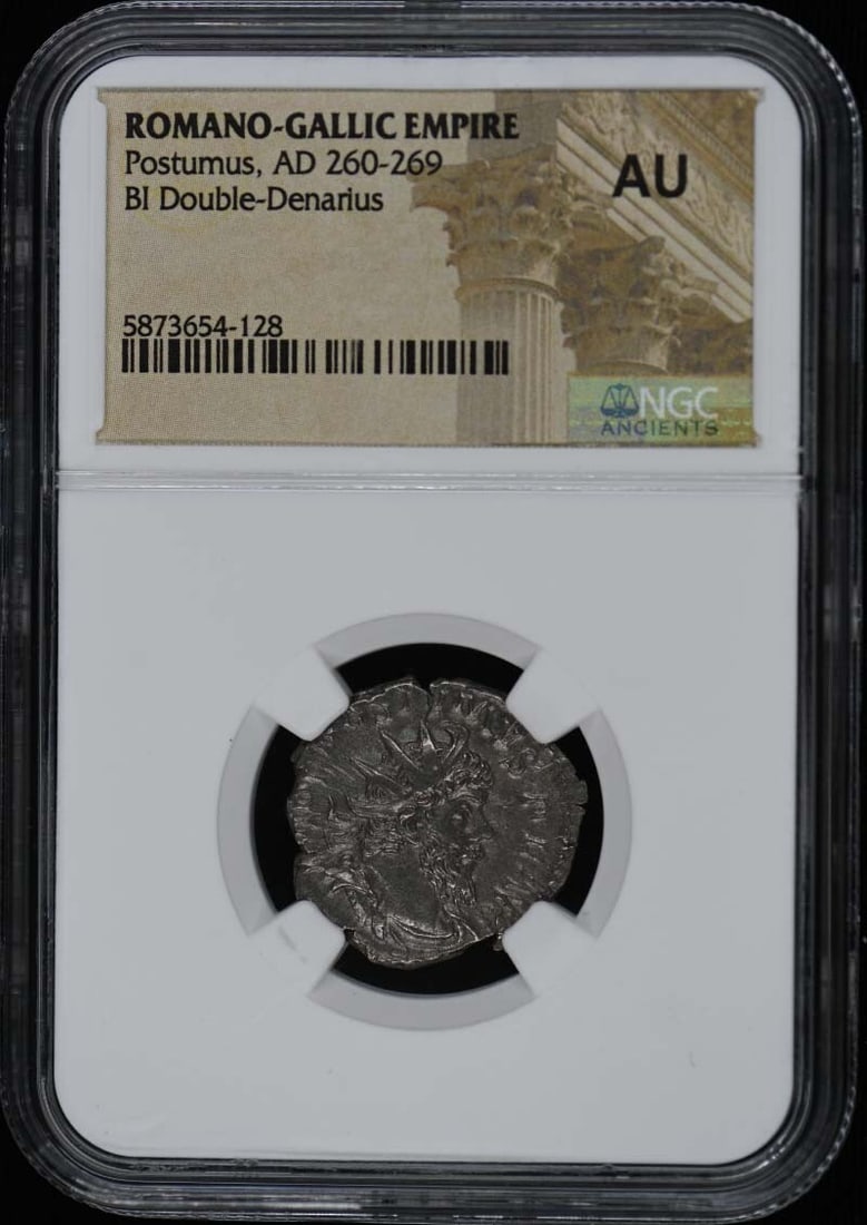 Romano-Gallic Empire Double-Denarius Coin Postumus NGC AU50 Certified: Romano-Gallic Empire Double-Denarius Coin Postumus NGC AU50 Certified This is a Romano-Gallic Empire BI Double-Denarius coin from the reign of Postumus, dating from AD 260-269. The coin has been certi