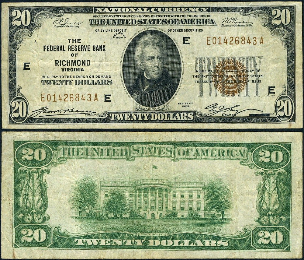 1929 $20 Federal Reserve Note Richmond E-A Block Circulated VF: 1929 $20 Federal Reserve Note Richmond E-A Block Circulated VF This is a $20 1929 Federal Reserve Bank Note from Richmond, designated as FR. 1870 E. This note is in Very Fine (VF) condition, exhibitin