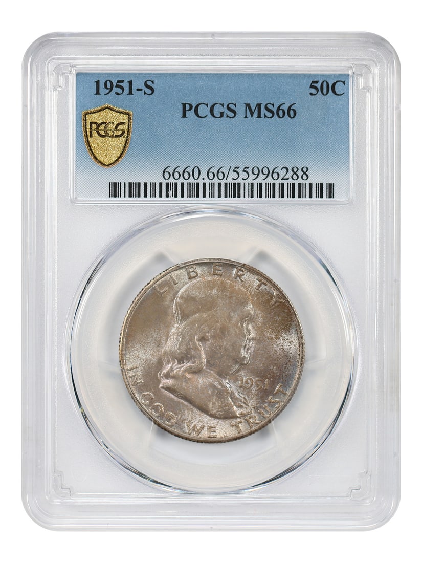 PCGS MS66 1951-S Franklin Half Dollar 50C: PCGS MS66 1951-S Franklin Half Dollar 50C This is a 1951 Franklin Half Dollar with a face value of 50 cents, minted in San Francisco. The coin is uncirculated and has been graded MS66 by PCGS. It is a