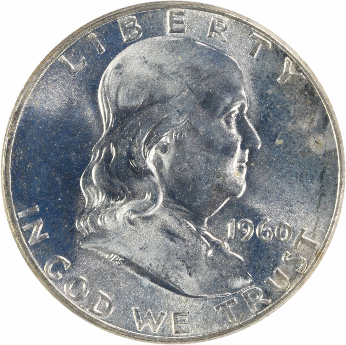 1960 Silver Franklin Half Dollar Choice Brilliant Uncirculated Uncertified Coin: 1960 Silver Franklin Half Dollar Choice Brilliant Uncirculated Uncertified Coin This 1960 Franklin Silver Half Dollar is an uncirculated coin with a Choice BU+ grade. Struck with a burnished finish, t