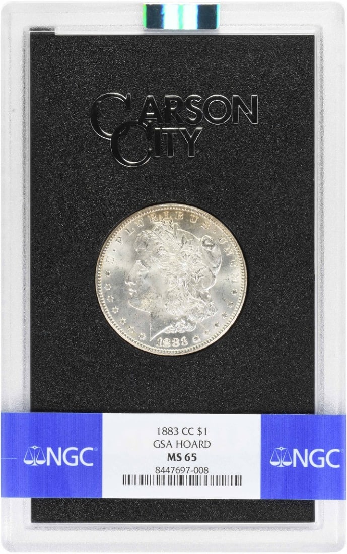 NGC MS65 1883 CC Morgan Dollar in GSA Holder: NGC MS65 1883 CC Morgan Dollar in GSA Holder This 1883-CC Morgan Silver Dollar is graded MS65 by NGC and comes in a GSA holder. Struck at the Carson City Mint, this uncirculated coin is composed of 90