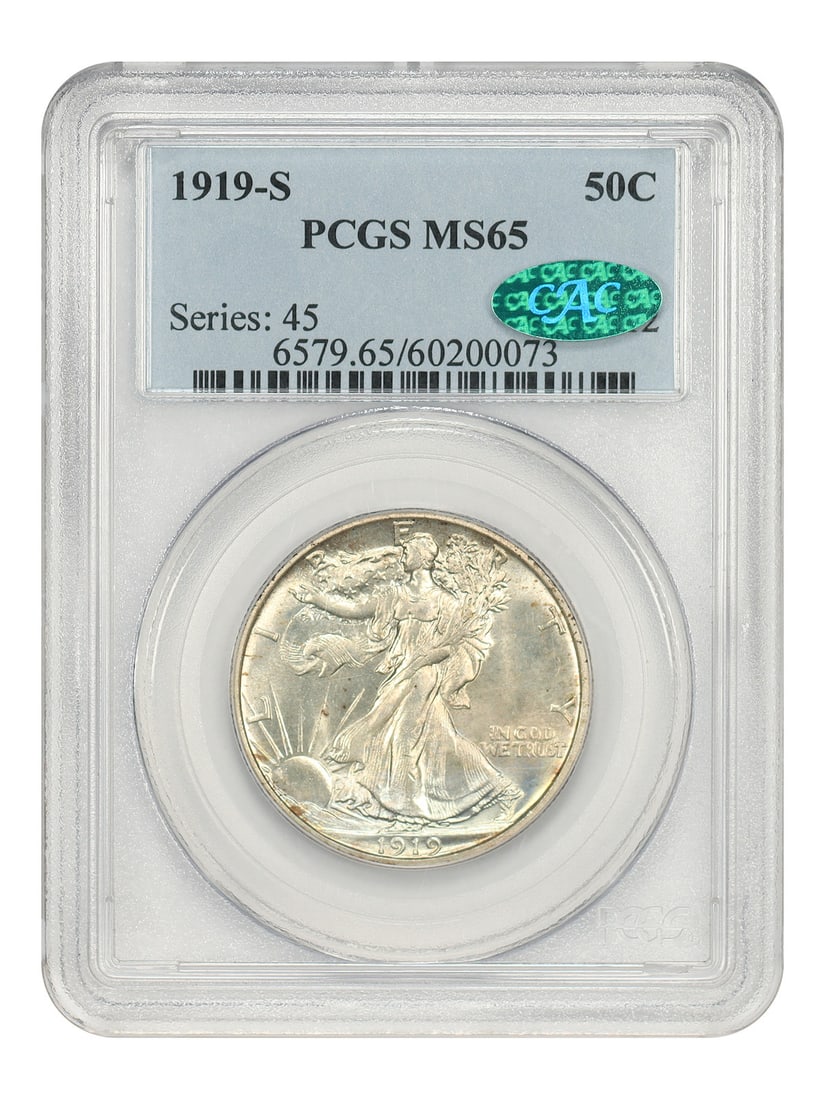 1919-S Walking Liberty Half Dollar PCGS CAC MS65: 1919-S Walking Liberty Half Dollar PCGS CAC MS65 This is a 1919-S Walking Liberty Half Dollar graded MS65 by PCGS and further recognized with a CAC sticker. The coin is uncirculated and features brigh