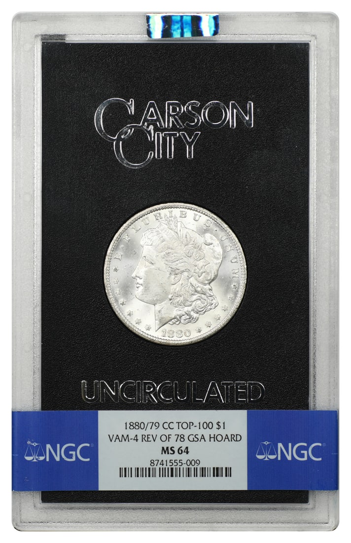Carson City Morgan Dollar 1880 79 CC NGC MS64 VAM 4: Carson City Morgan Dollar 1880 79 CC NGC MS64 VAM 4 This is an 1880/79-CC Morgan Dollar, featuring the VAM-4 variety with the Reverse of 1878. The coin is certified by NGC and comes in a GSA hard case