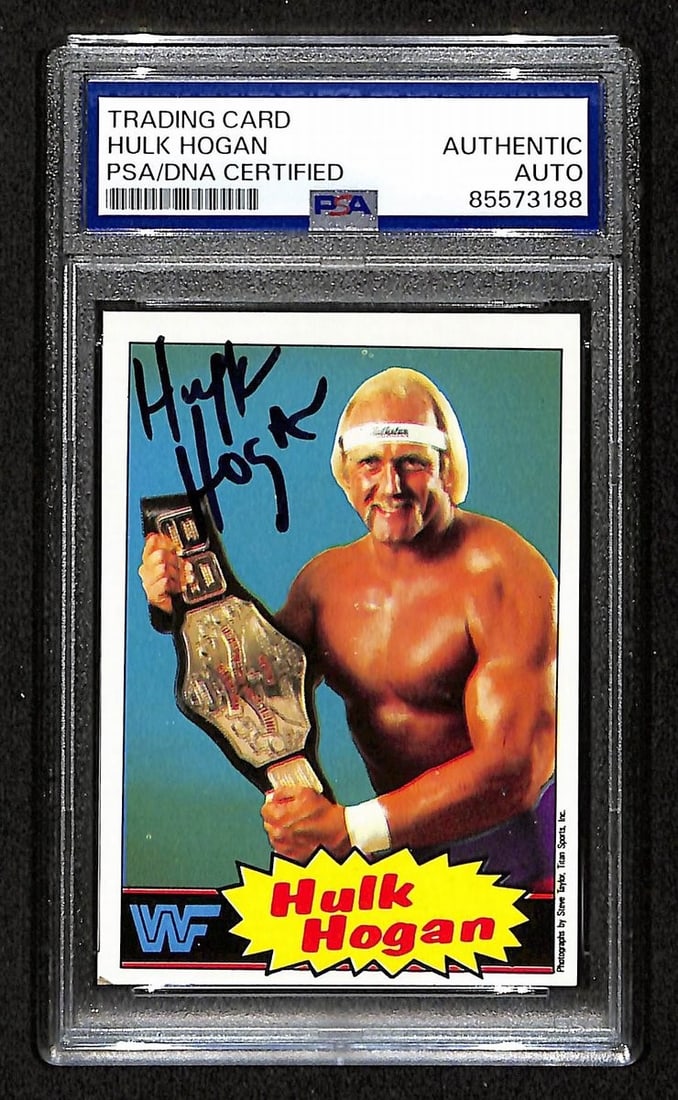 Hulk Hogan Autographed 1985 TOPPS WWF Card #16 PSA/DNA Authenticated: Hulk Hogan Autographed 1985 TOPPS WWF Card #16 PSA/DNA Authenticated This is an original Hulk Hogan signed/autographed 1985 TOPPS WWF Card #16, a must-have for wrestling fans and collectors alike. Aut