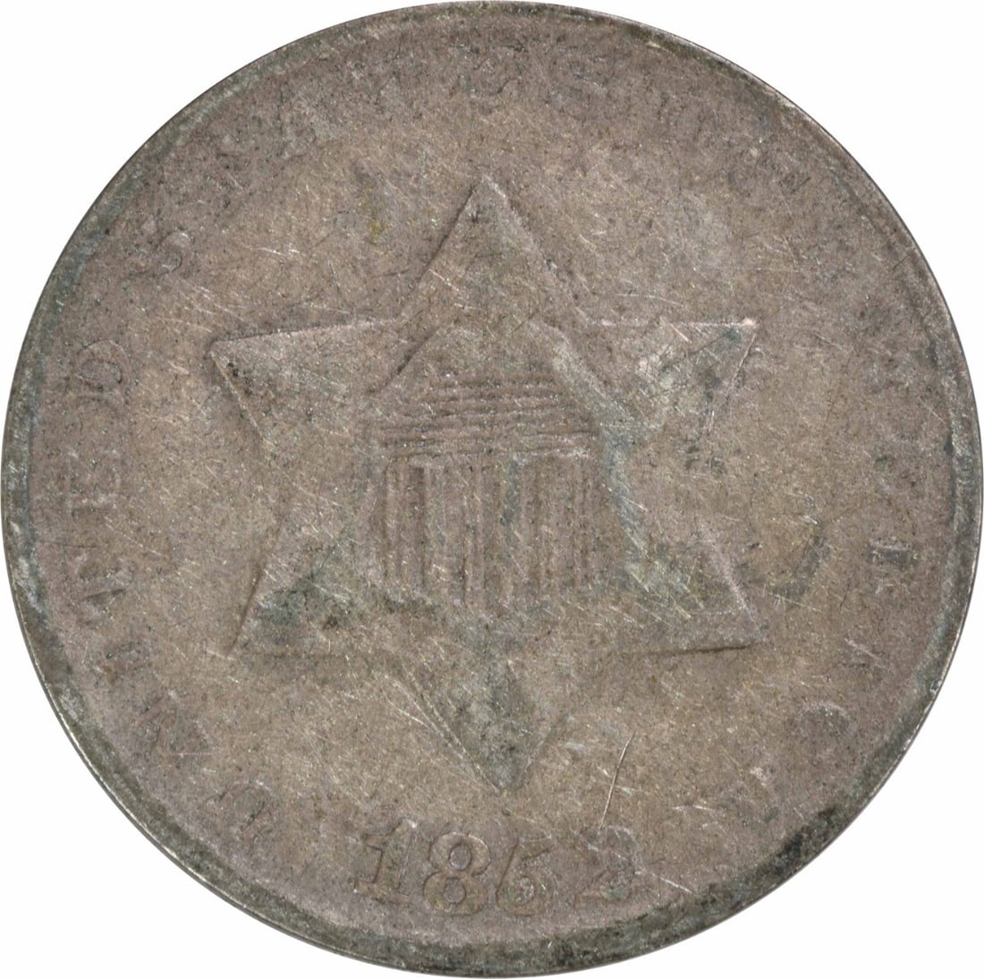 1852 Three Cent Silver Coin F Grade Uncertified US: 1852 Three Cent Silver Coin F Grade Uncertified US This 1852 Three Cent Silver coin, originating from the United States, is a notable piece of numismatic history. It features a circulated grade of Fin
