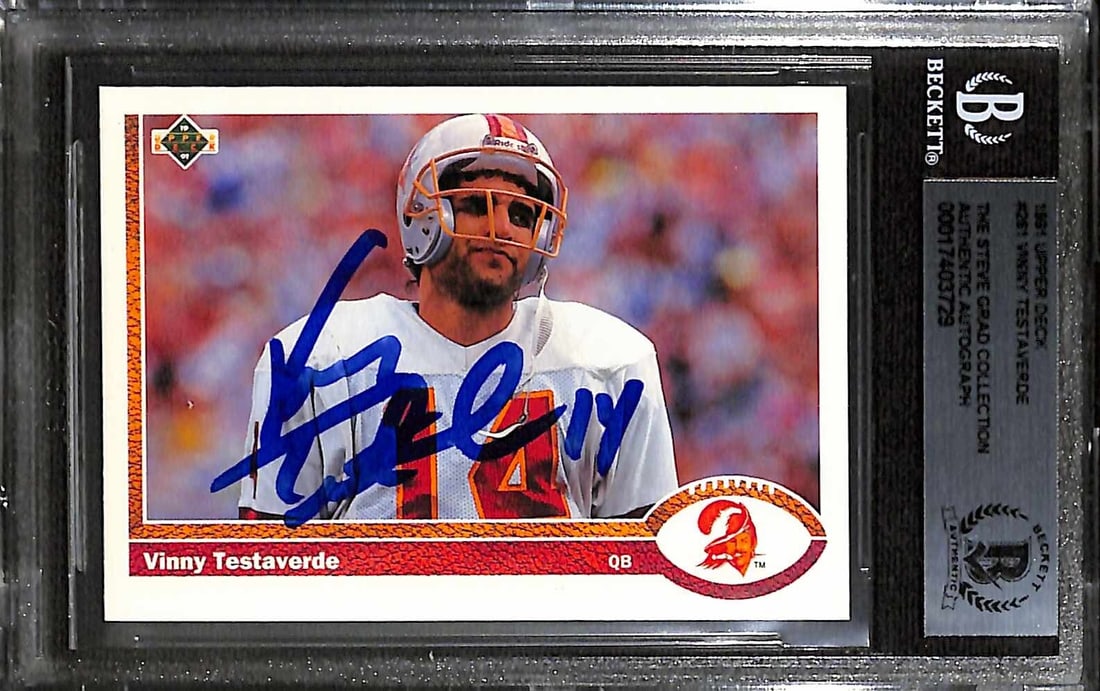 Vinny Testaverde Signed 1991 Upper Deck #251 Card Beckett Authenticated: Vinny Testaverde Signed 1991 Upper Deck #251 Card Beckett Authenticated This is an authentic autographed 1991 Upper Deck #251 sports trading card featuring Vinny Testaverde, the Quarterback for the Ta