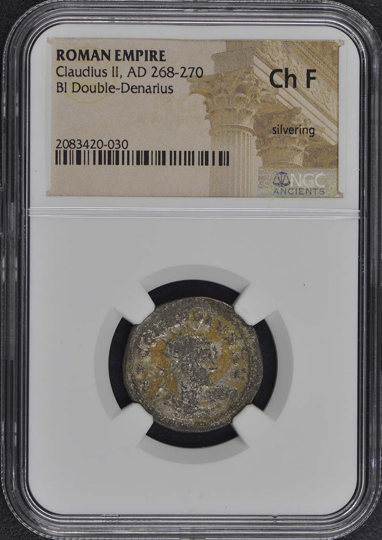 Ancient Roman Claudius II BI Double-Denarius Coin NGC F15: Ancient Roman Claudius II BI Double-Denarius Coin NGC F15 This ancient Roman double-denarius coin features the reign of Claudius II, who ruled from AD 268 to 270. Graded as F15 by NGC, this coin showc