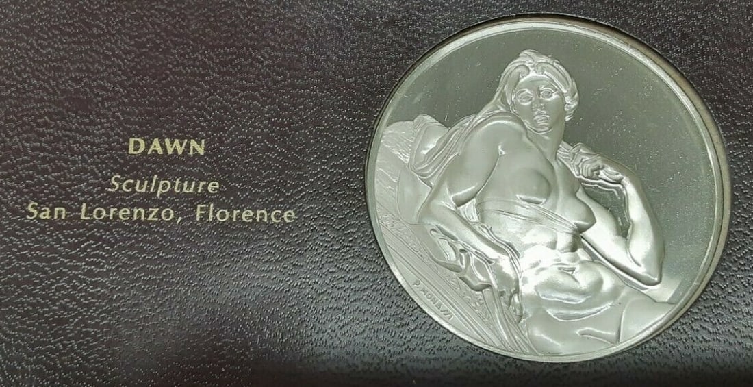 Sterling Silver Genius of Michelangelo Dawn Medal by Franklin Mint: Sterling Silver Genius of Michelangelo Dawn Medal by Franklin Mint This Franklin Mint Genius of Michelangelo proof medal, titled 'Dawn,' was produced in 1970 as part of a collectible set. Crafted in s