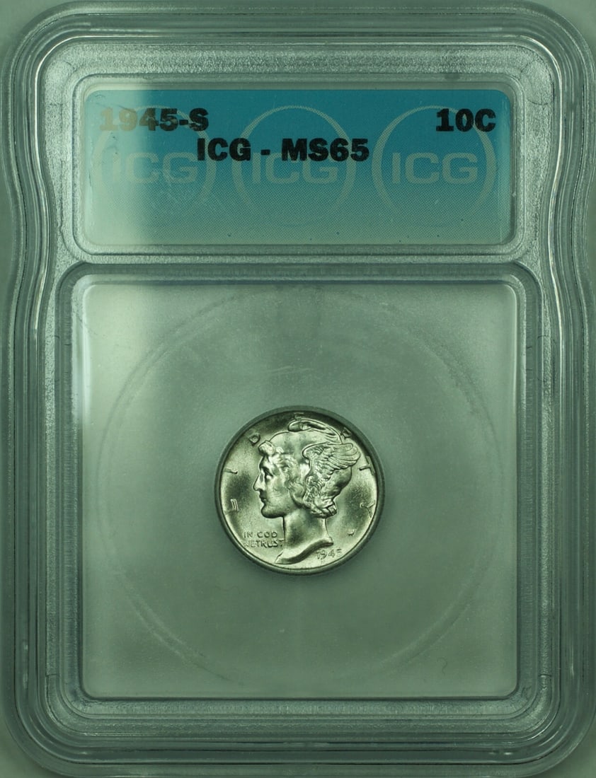 ICG MS-65 1945-S Mercury Dime 10C Silver Coin San Francisco Mint: ICG MS-65 1945-S Mercury Dime 10C Silver Coin San Francisco Mint This is a 1945-S Mercury Silver Dime, graded MS-65 by ICG. The coin is uncirculated and composed of 90% silver, minted in San Francisco