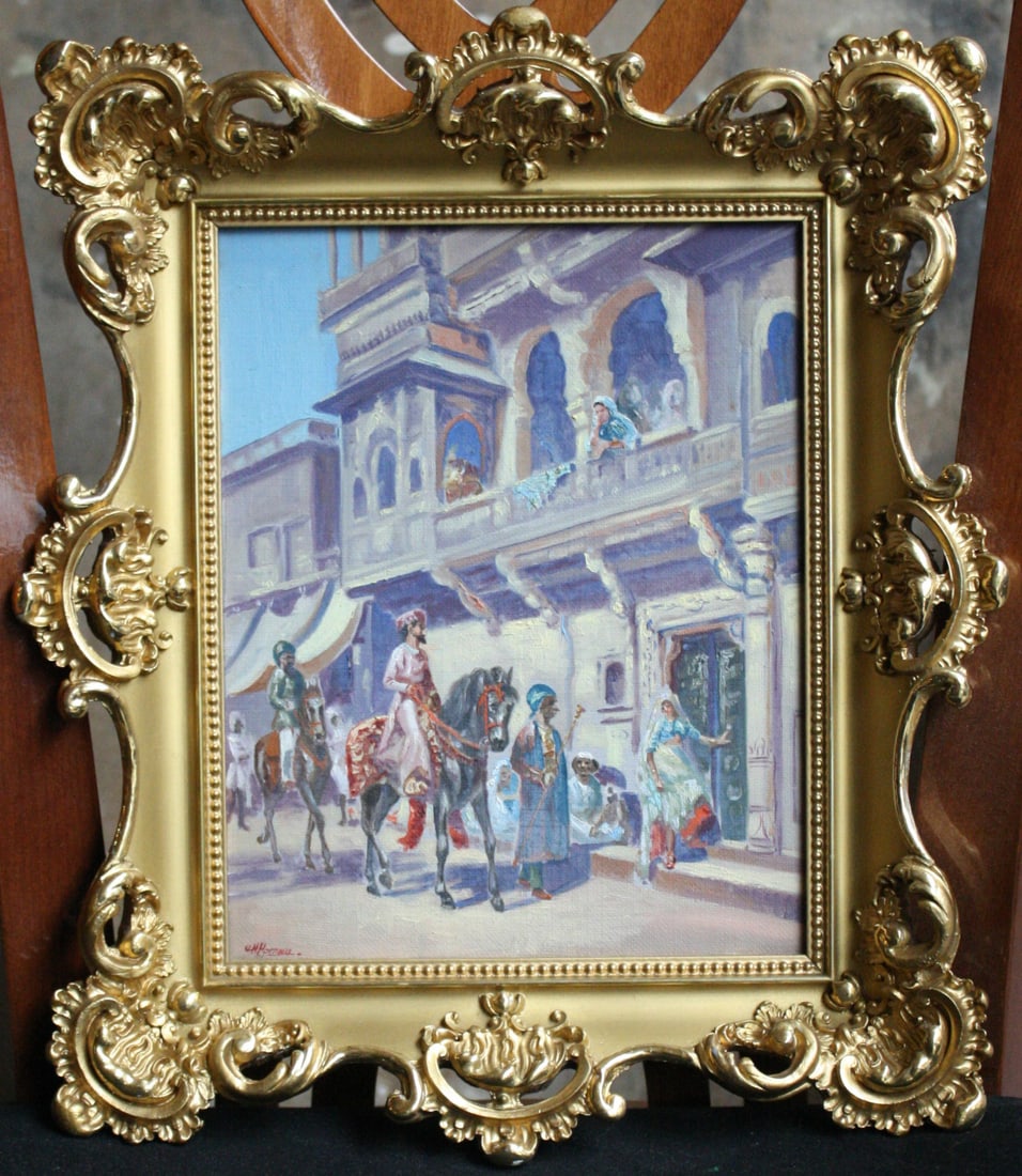 Early 1900s French Orientalism Oil Painting in 22K Gold Frame Signed: Early 1900s French Orientalism Oil Painting in 22K Gold Frame Signed Discover a stunning example of early 1900s French Orientalism with this original oil painting. Crafted on cardboard, this piece sho