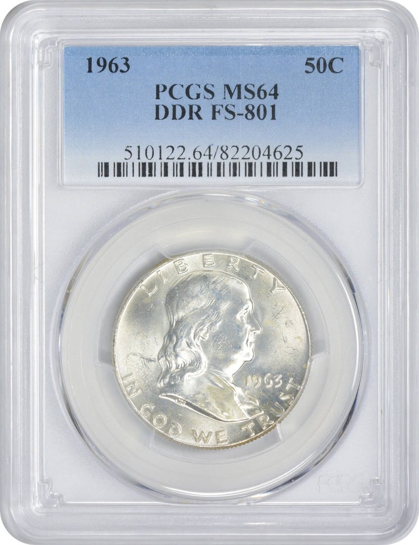PCGS MS64 1963 Franklin Half Dollar DDO FS-801: PCGS MS64 1963 Franklin Half Dollar DDO FS-801 This is a 1963 Franklin Silver Half Dollar, featuring a Doubled Die Obverse (DDO) FS-801 variety. Graded MS64 by PCGS, this uncirculated coin was struck 