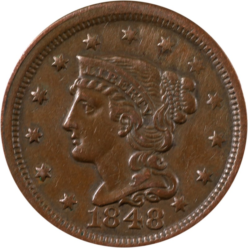1848 United States Copper Large Cent Coin Circulated: 1848 United States Copper Large Cent Coin Circulated This is an 1848 Large Cent from the United States. The coin is composed of copper and has been circulated. It is uncertified and in pre-owned condi