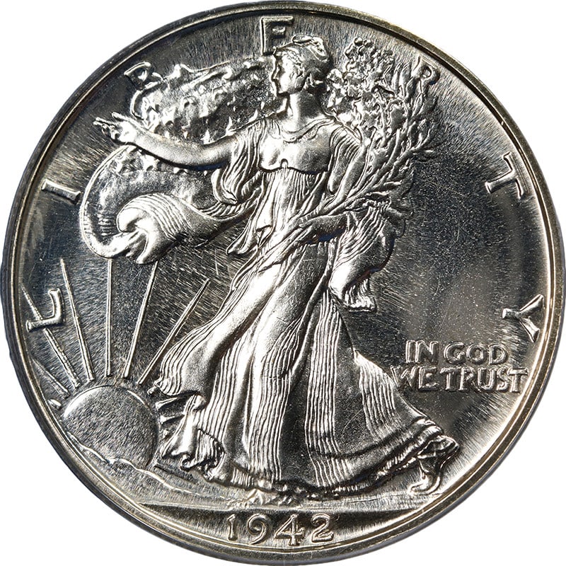 PCGS PR65 1942 Silver Walking Liberty Half Dollar Proof Blazing White Gem: PCGS PR65 1942 Silver Walking Liberty Half Dollar Proof Blazing White Gem This 1942 Walking Liberty Half Dollar is a proof coin graded PR65 by PCGS. Struck in silver with a fineness of 0.9, it feature