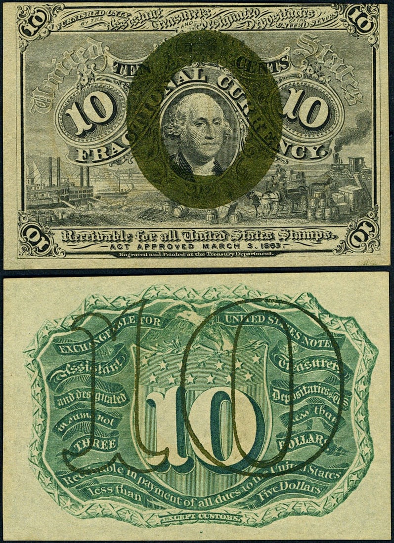 FR. 1244 10 Cent 2nd Issue Uncirculated Fractional Note: FR. 1244 10 Cent 2nd Issue Uncirculated Fractional Note This 10 cent fractional note from the 2nd Issue is graded as Uncirculated (CU), indicating it has remained in excellent condition. The note feat