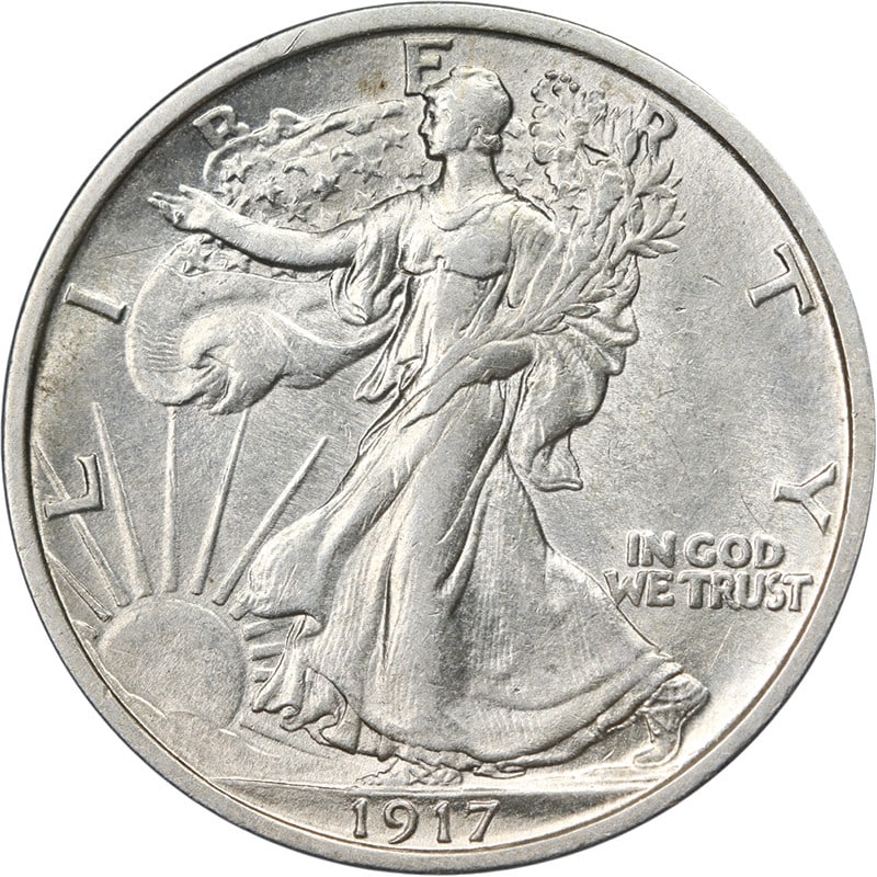 1917 P Silver Walking Liberty Half Dollar Choice AU BU: 1917 P Silver Walking Liberty Half Dollar Choice AU BU This 1917-P Walking Liberty Half Dollar features excellent eye appeal, bright white luster, and a well-defined strike. The coin is composed of si